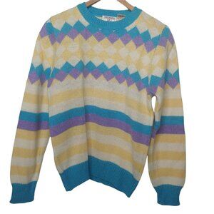 Vintage 80s Sweater Womens M Bridgewater Trading Retro Geometric Blue Yellow